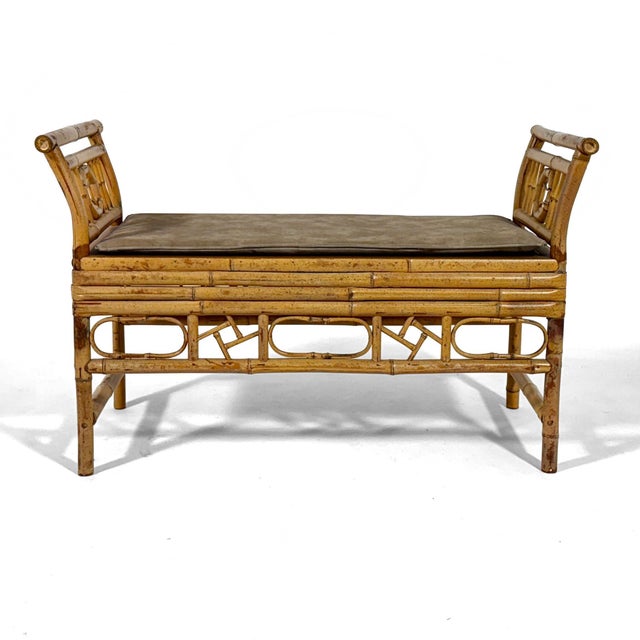 Wood Mid 20th Century Bamboo and Cane Bench with Cushion For Sale - Image 7 of 11