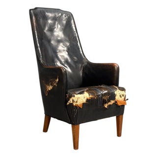 Svend Åge Madsen, Highback Chair, Leather, Nut Wood, Denmark, 1947 For Sale