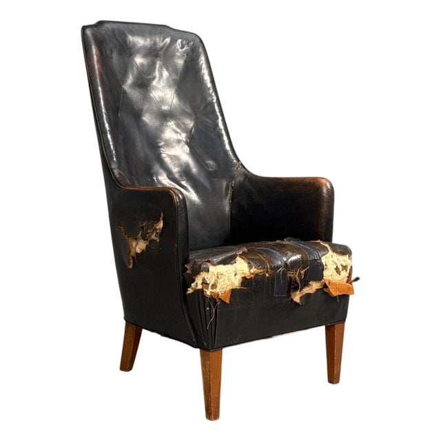 Svend Åge Madsen, Highback Chair, Leather, Nut Wood, Denmark, 1947 For Sale