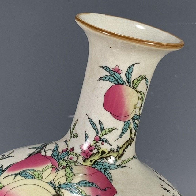 Paint Vintage Chinese Crackle Glaze Famille Rose "Peaches & Bats" Vase With Poem For Sale - Image 7 of 9