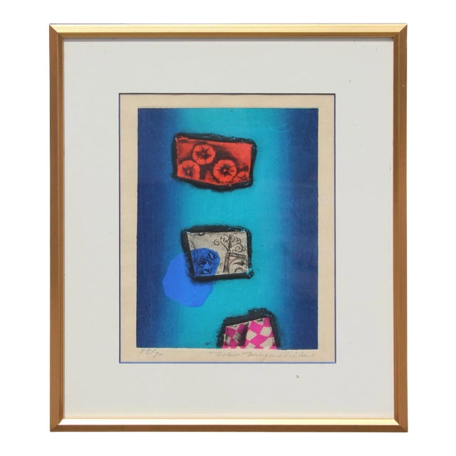 Tokio Mayashita Abstract "Flowers" with Red, Blue and Pink Tones Impressionist Lithograph 20th Century For Sale