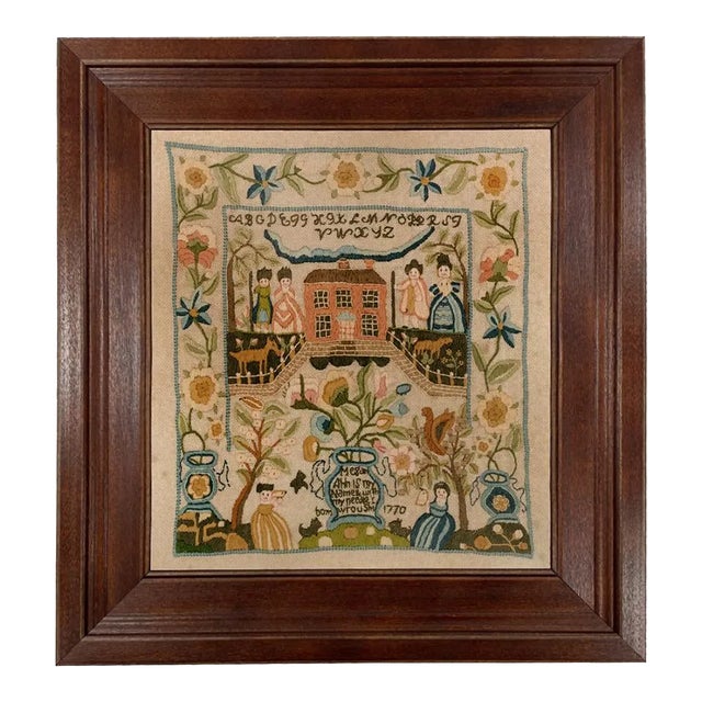 Megan Ann Antique Embroidery Needlepoint Sampler Framed Print- Distressed Brown Frame For Sale