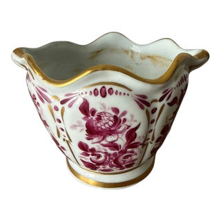 French Porcelain Cachepot With Hand-Painted Puce Floral and Gilt Rim For Sale