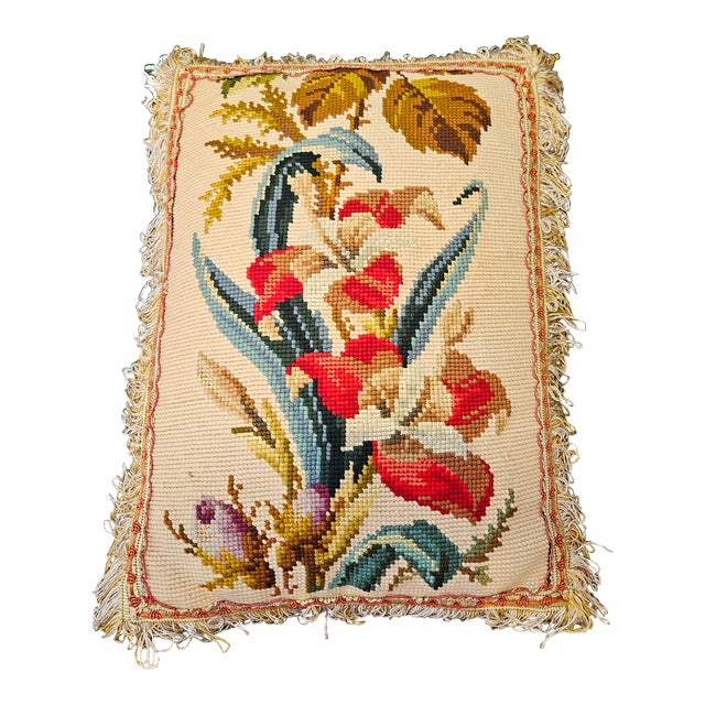 Vintage Hand Done Needlepoint Floral Pillow With Coral Shantung Silk Back For Sale