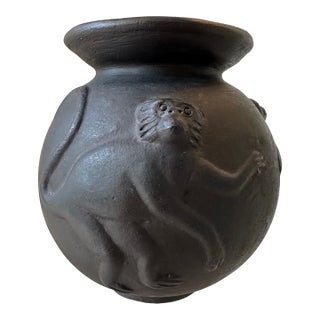 Vintage Italian Blackened Terracotta Plinth Featuring Stylized Monkeys For Sale