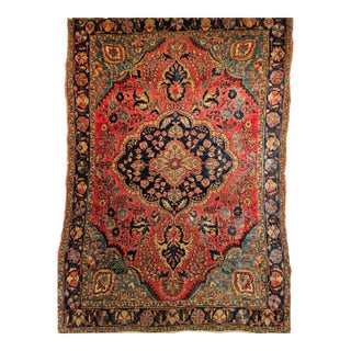Vintage Persian Sarouk Area Rug, Hand-Knotted Wool, Floral Medallion, 3x5, Red & Turquoise For Sale