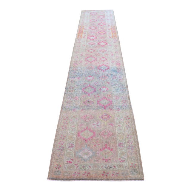 1970s Pink Kurdish Herki Hand-Knotted Distressed Runner Hallway Decor For Sale