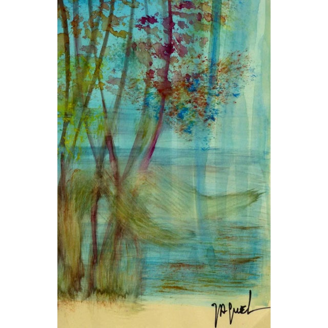 Soothing watercolor in greenish blue tones by French artist Jaquel, circa 1970. Signed lower right. Original artwork on...