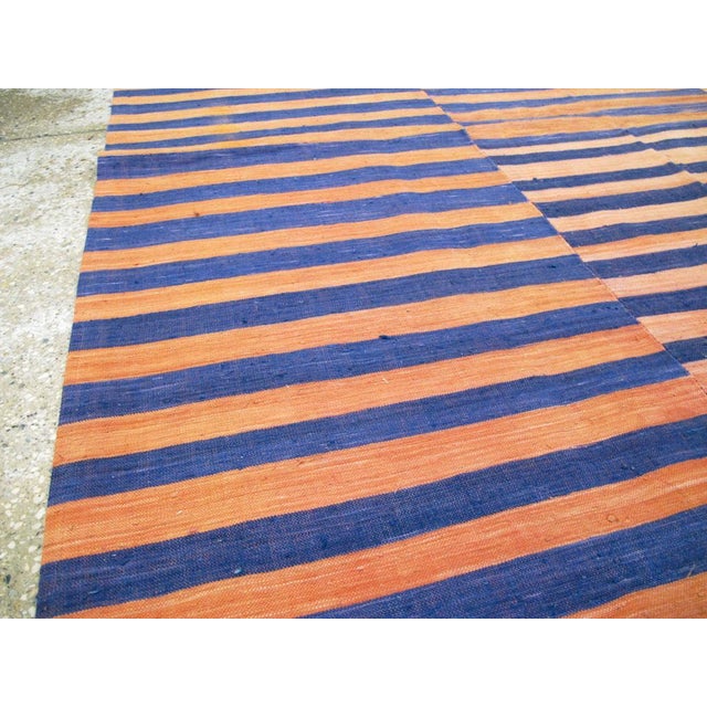 Galerie Shabab Mid-20th Century Abstract Turkish Handmade Striped Flat-Weave in Persimmon Coral, Blue For Sale In New York - Image 6 of 10