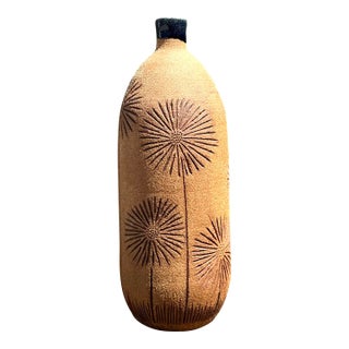 Vintage Scored Floral Studio Pottery Vase For Sale