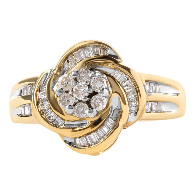 10K Yellow Gold 1/2 Cttw Round and Baguette Diamond Flower Swirl Cocktail Ring (I-J Color, SI2-I1 Clarity) - Ring Size 7 For Sale