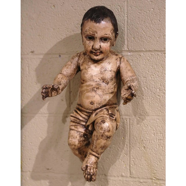 Late 18th Century 18th Century Italian Carved Polychrome Baby Jesus Figure With Glass Eyes For Sale - Image 5 of 11
