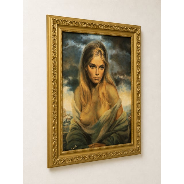 Vintage original 1970's "Girl of Valdarno" lithograph print on canvas, with an ornate golden wood frame. This piece is in...