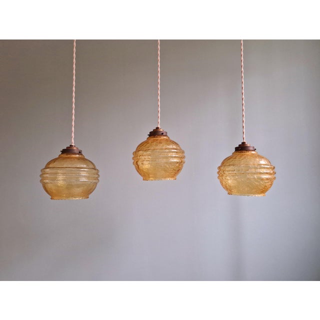Art Deco Pendant Lights in Amber Cracked Glass, 1920s, Set of 3 For Sale - Image 11 of 13