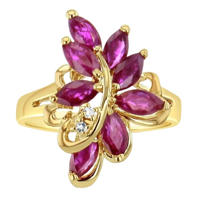 Marquise Ruby Leaf Floral Cluster Ring 14k Yellow Gold, Size 5 For Sale