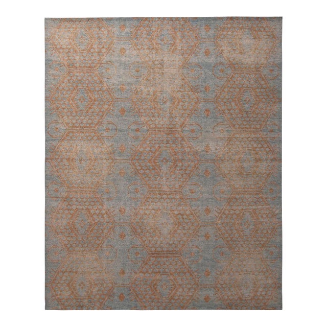Rug & Kilim’s Oversized Honeycomb Rug in Blue and Burnt Orange, 12x16 For Sale