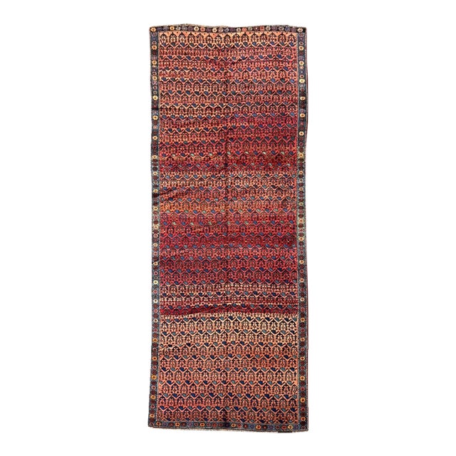 Rare Antique Kazak Runner 4x10 | Faded Red & Pink With Blue Tribal Motifs For Sale