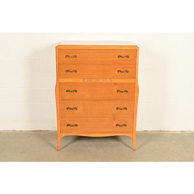 1950s Mid-Century French Regency Carved Mahogany Highboy Dresser or Chest of Drawers, Circa 1950s For Sale - Image 5 of 18
