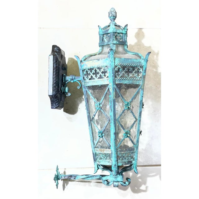 Turquoise Magnificent Single Vintage Bronze & Brass Hexagonal Wall Lantern Sconce For Sale - Image 8 of 17