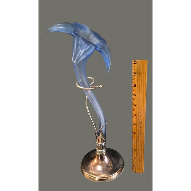 Late 20th Century Vintage Blue Satin Glass Lily Epergne Vase on Metal Silvered Stand For Sale - Image 5 of 8