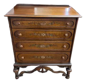 Mid 20th Century Vintage "Berkey & Gay Furniture" 4 Shelf Dresser Chest of Drawers, Floral Print With Hand Carved Accents