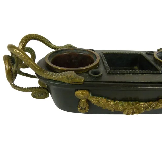 Traditional Mid 19th Century Inkwell . English Regency Bronze & Ormolu Inkwell . Serpent Handles - Classical Bath Shape For Sale - Image 3 of 12
