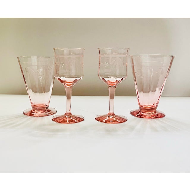 Vintage Pink Glassware Set- 2 Wine Glasses & 2 Footed Tumblers For Sale In Jacksonville, FL - Image 6 of 12