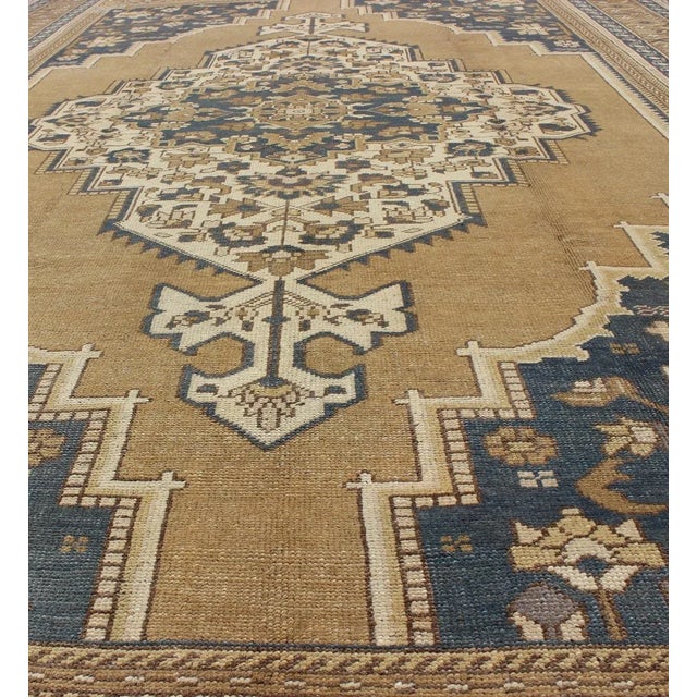 Mid 20th Century Mid 20th Century Vintage Turkish Oushak With Floral Medallion in Mustard Olive Blue and Cream For Sale - Image 5 of 10