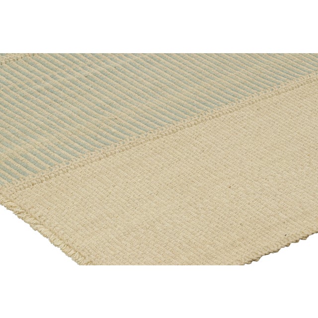 Contemporary Rug & Kilim’s Contemporary Kilim in Cream White and Blue Textural Stripes For Sale - Image 3 of 6