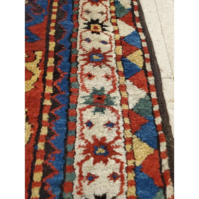 Ivory Antique Kazak Handmade Wool Geometric Gold, Ivory, Navy & Light Blue Rug For Sale - Image 8 of 10