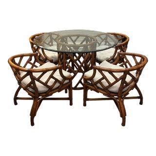 Henry Link Natural Rattan Chinese Chippendale Glass Top Dining Table and 4 Chairs - Set of 5 For Sale