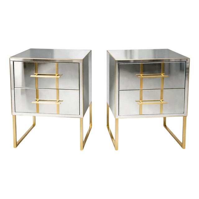 Mirrored Nightstands with Brass Sled Base from Justfurnituress SRL, 2026, Set of 2 For Sale