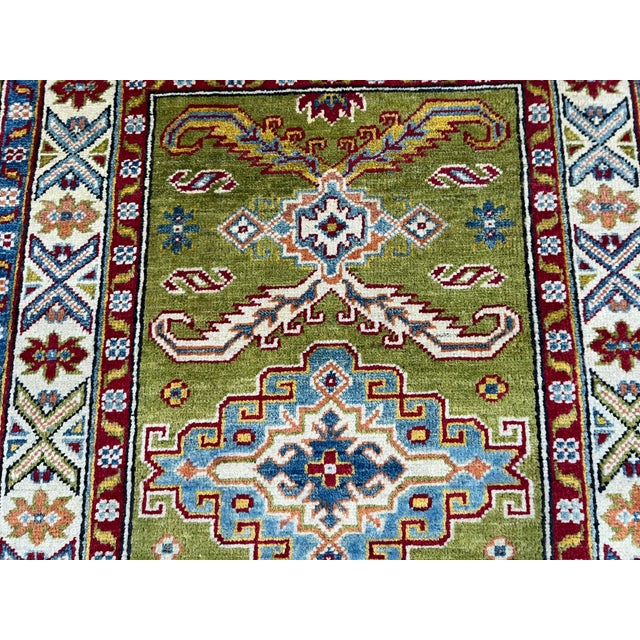 Olive Green, Red and Cream Kazak Wool Runner Rug, 2'11" X 9'9" For Sale - Image 11 of 18