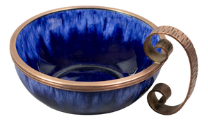 Cobalt Blue Flamed Glazed Earthenware Bowl with Handle and Hammered Metal Mount by André Villien, Paris, 1910-1920