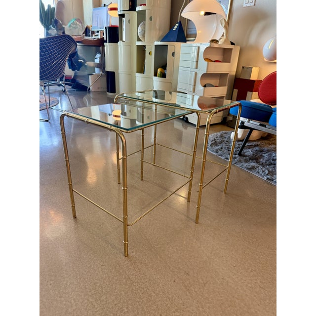 Vintage Mid Century Modern Faux Bamboo Brass Glass Nesting Tables Set 1970s Hollywood Regency For Sale - Image 16 of 17