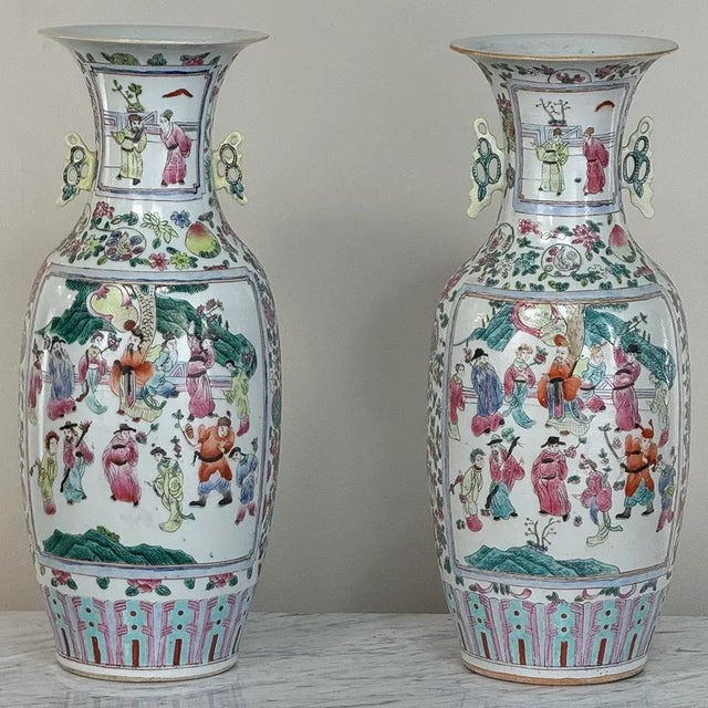 Pair 19th Century Hand-Painted Chinese Vases are stunning works of art, rendered on fine Kaolin clay and illustrative of...