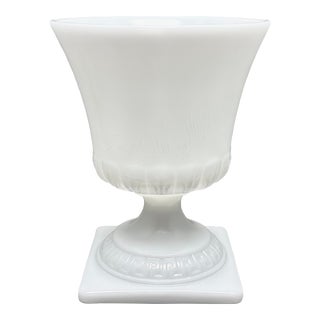 Vintage Milk Glass Pedestal Urn Vase/Planter Pot Embossed With Florals and Greek Key Detail For Sale