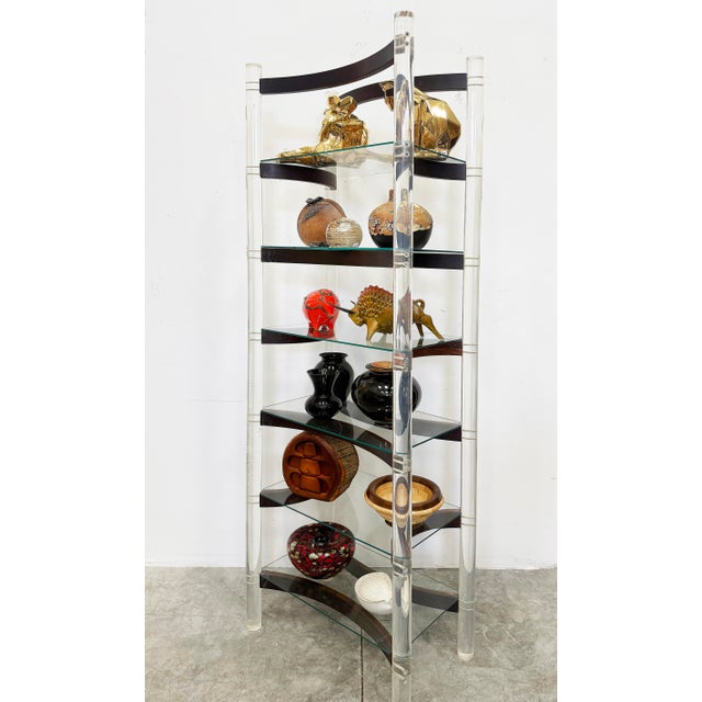 $2,200 Vintage Lucite, Rosewood Etagere, Charles Hollis Jones Style Offered for sale is a 1970s vintage etagere created...