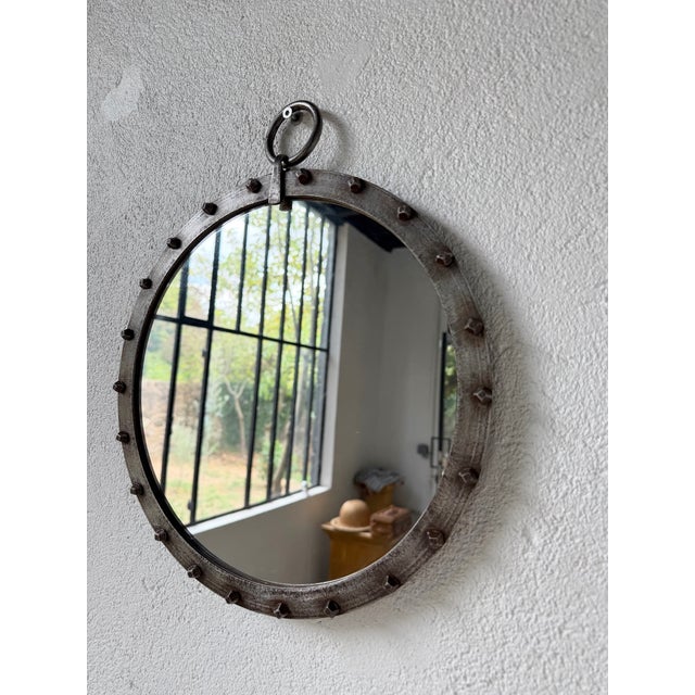 Round Brutalist Wrought Iron Mirror with Nails, 1960s For Sale - Image 13 of 18