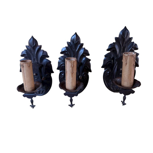 1910s Set of Three Forged Iron and Brass Wall Sconces Circa 1910 For Sale - Image 5 of 6