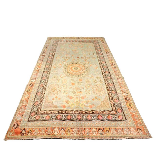 Antique Turkish Khotan Wool 6X12 Green, Orange & Blue Handmade Gallery Rug #9902946 For Sale - Image 4 of 18