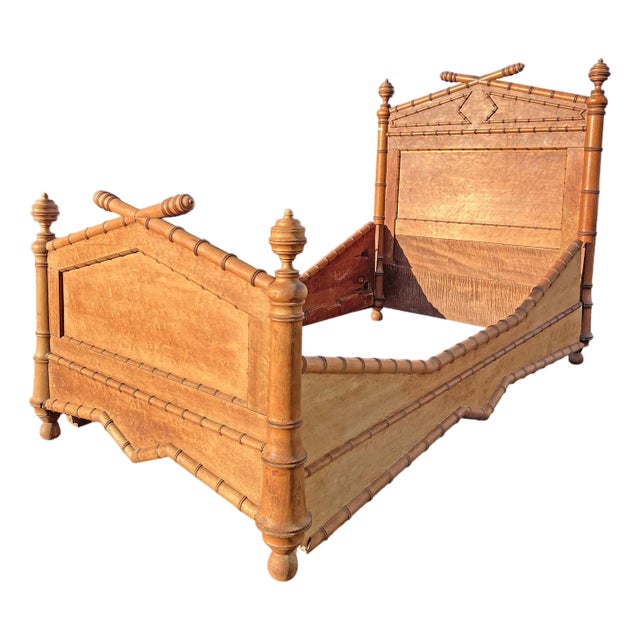 Antique French Bed Frame Headboard Set in Birds Eye Maple Faux Bamboo English Style For Sale