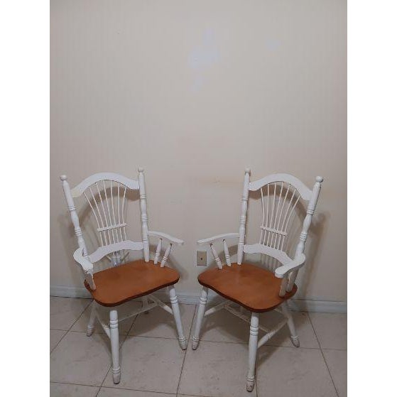 Vintage Ethan Allen Style White Painted Windsor Style Armchair Stained Wood Seats Set 4 For Sale - Image 4 of 8