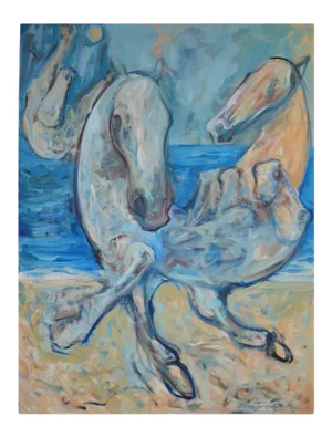 Horse Abstract Oil on Canvas Painting, Titled "On the Beach" and Signed