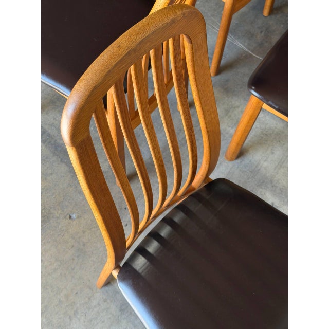 Brown Solid Oak High-Back Dining Chairs Set of 5 With Brown Upholstery Vintage 1980s For Sale - Image 8 of 11