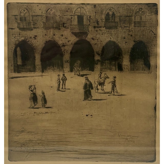 Original signed etching by Joseph Pennell (1857–1926), dated 1883, depicting the Piazza del Comune in Pistoia, Italy. This...