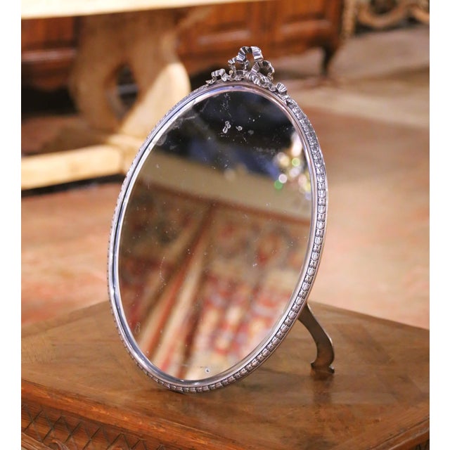 Early 20th Century French Silverplated Over Nickel Vanity Mirror With Bow Crest For Sale - Image 4 of 6