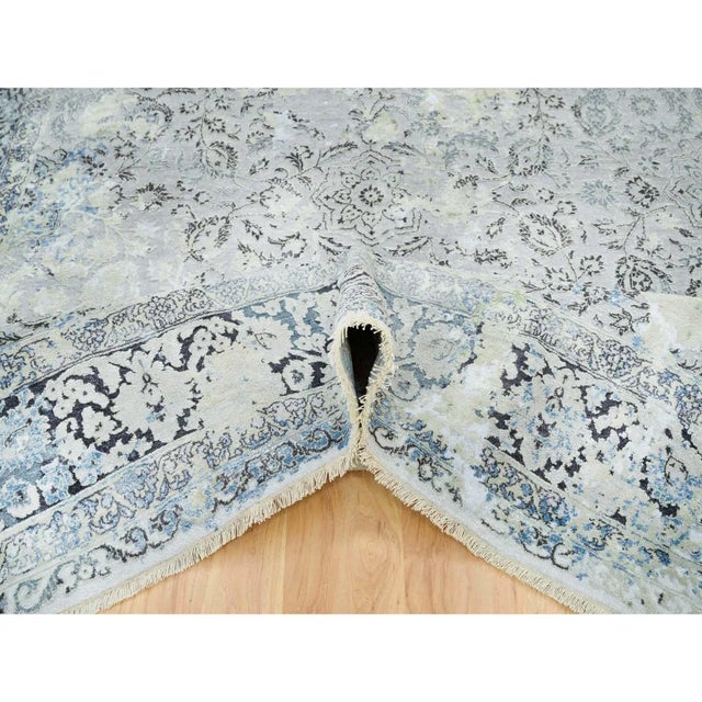 Gray 2010s Light Gray, Pure Silk With Wool Hand Knotted, Broken Kashan Design, Oriental Rug For Sale - Image 8 of 13