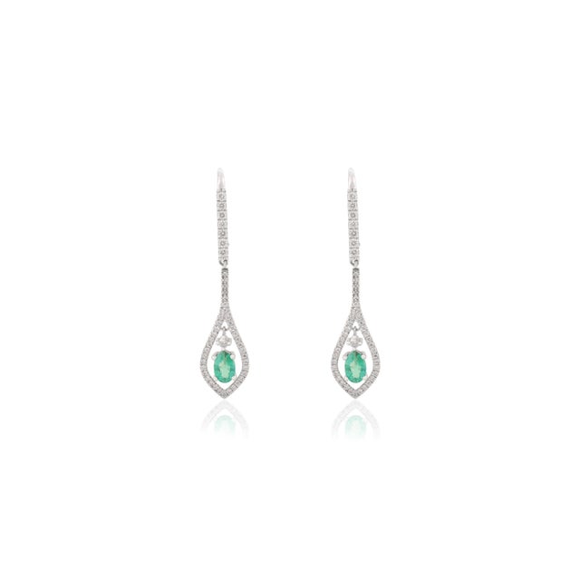 Not Yet Made - Made To Order 14k Gold Modern Emerald and Halo Diamonds Drop & Dangle Earrings- A Pair For Sale - Image 5 of 11