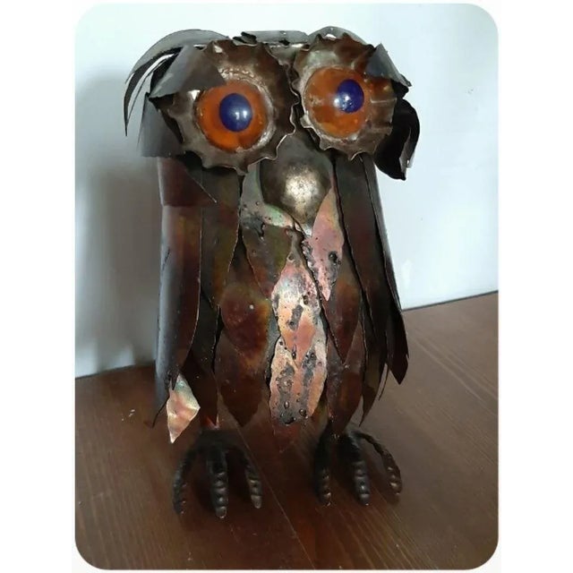 Brutalist zoomorphic sculpture. Vintage era. In the shape of an owl - owl. Made of metal, copper and brass with resin...